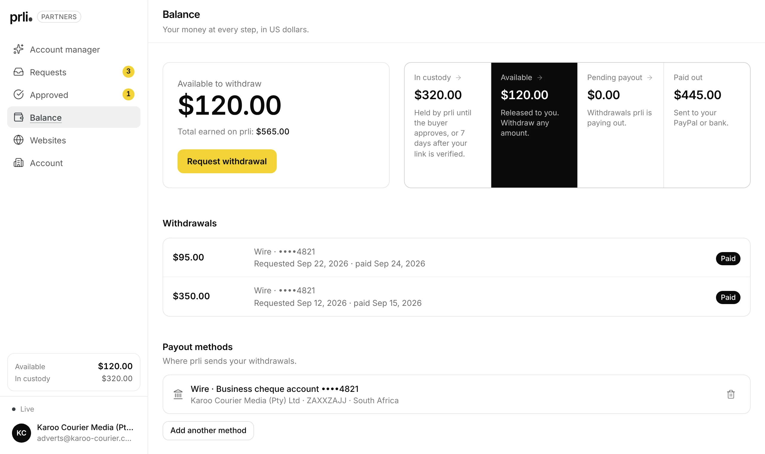 The balance page in the partners app showing money in custody, available and paid out