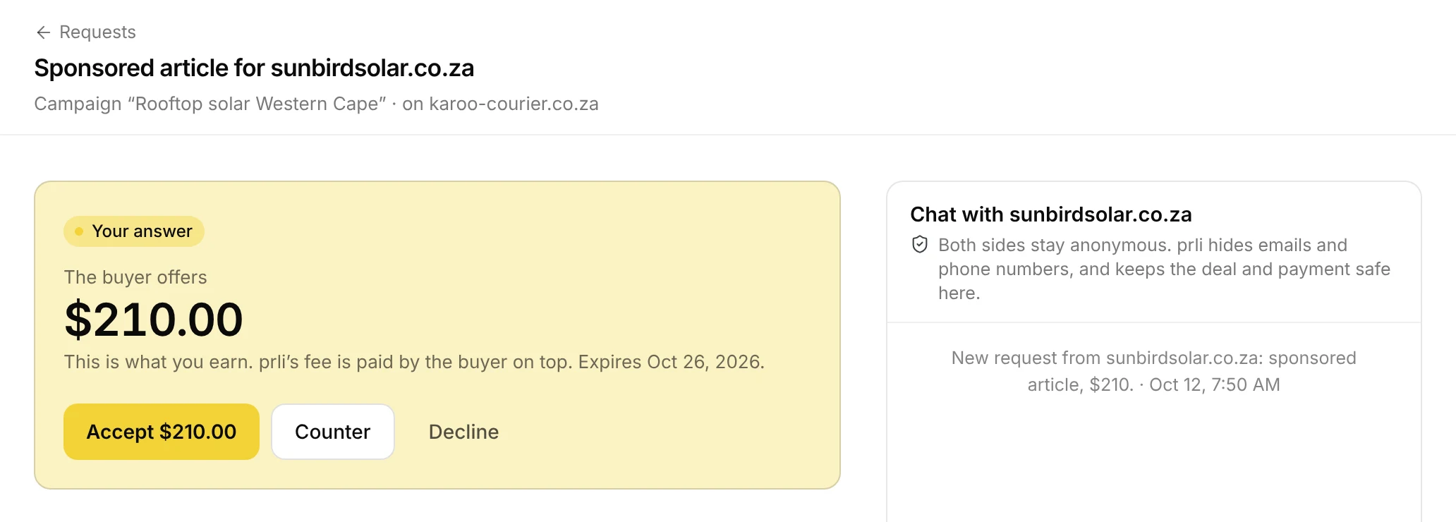 A $210 sponsored article request in the prli partners app, with Accept, Counter and Decline, and an anonymous chat with the buyer