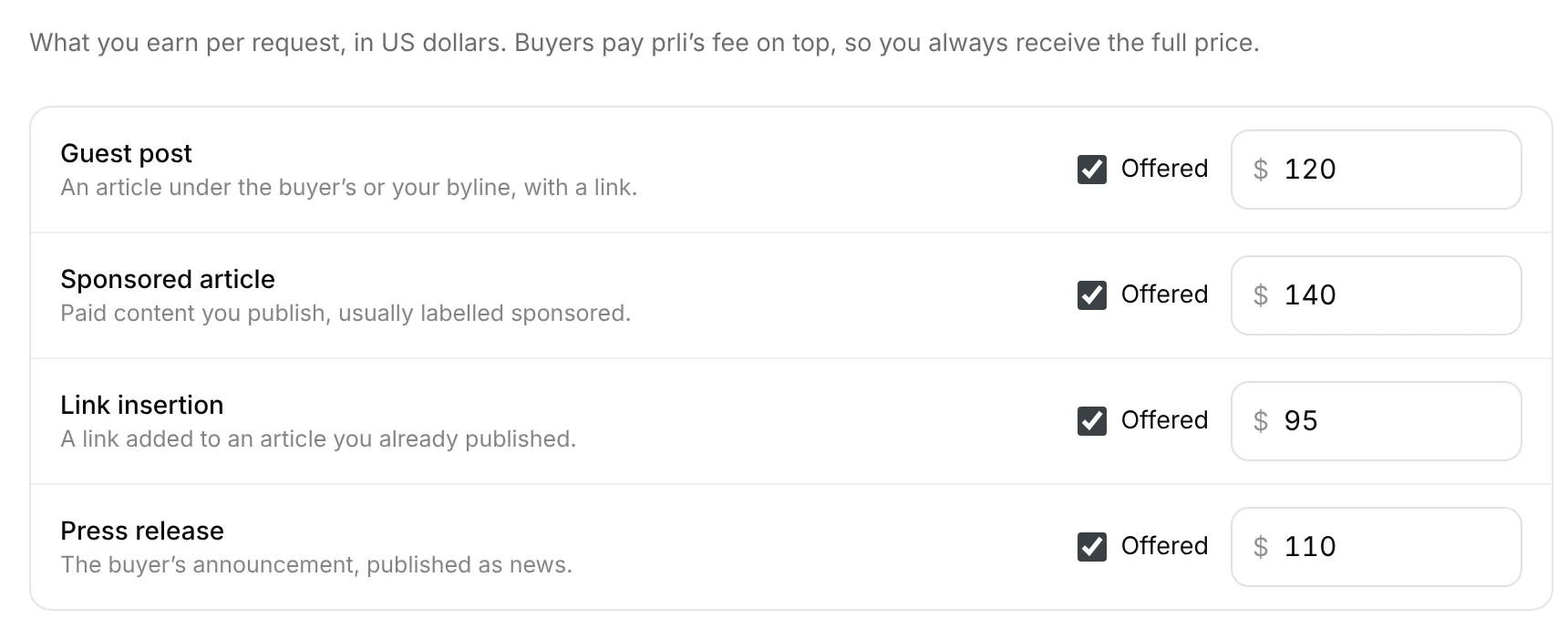 A section's rate card in the partners app: a USD price for guest posts, sponsored articles, link insertions and press releases